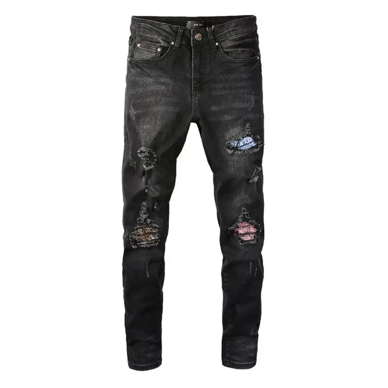 Amiri Herren Luxus Bandana Patch Jeans Schwarz – Cooler Designer Denim Slim Fit