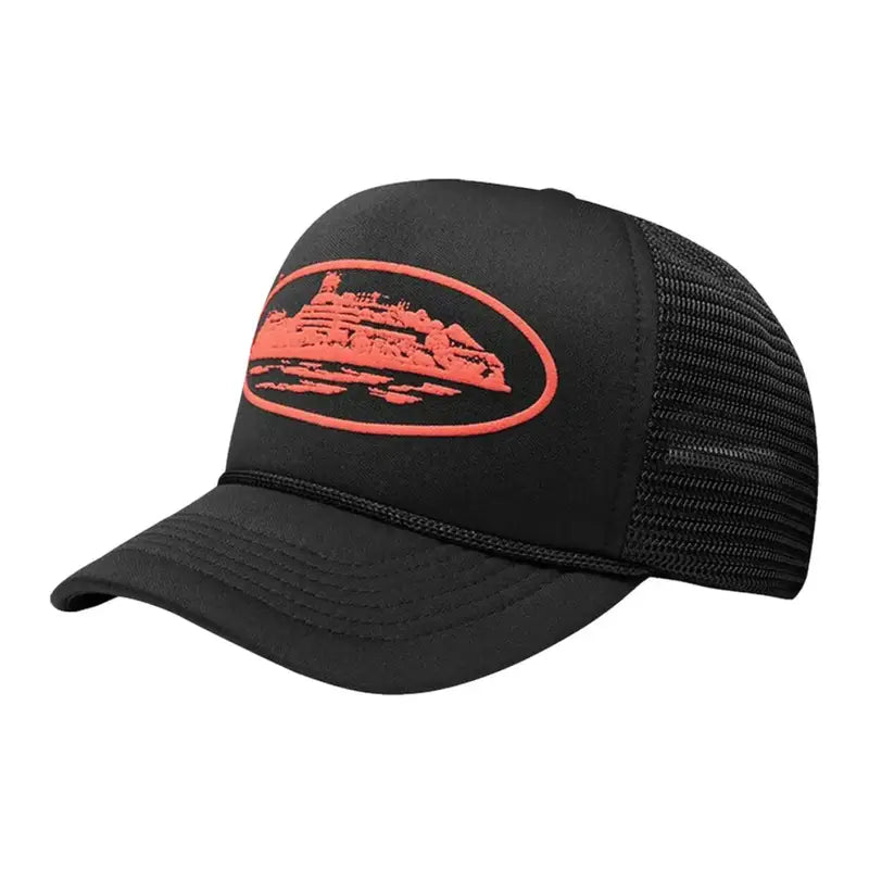 Corteiz Alcatraz Trucker Cap – Kultige Mesh Kappe Schwarz-Rot Streetwear Style